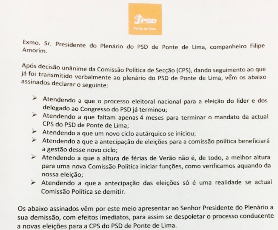 Comissão política do psd/ponte de lima demite-se para provocar eleições antecipadas