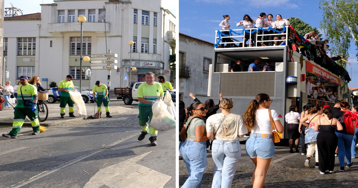 Atrás do cortejo académico de viana, funcionários da câmara limpavam as ruas em simultâneo