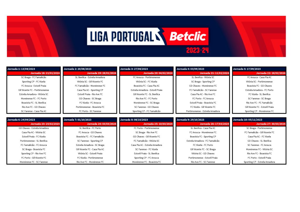 O calendário completo da Liga Portugal Betclic e da Liga SABSEG