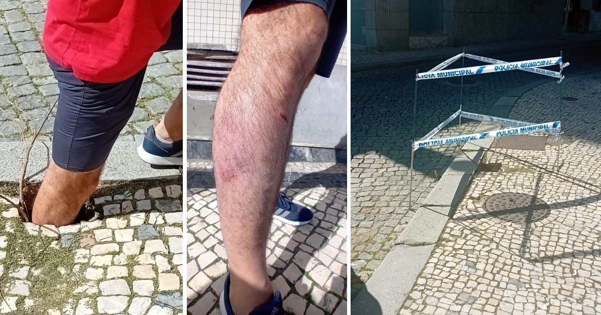 Buraco sinalizado em braga após peão ficar lá com a perna enfiada