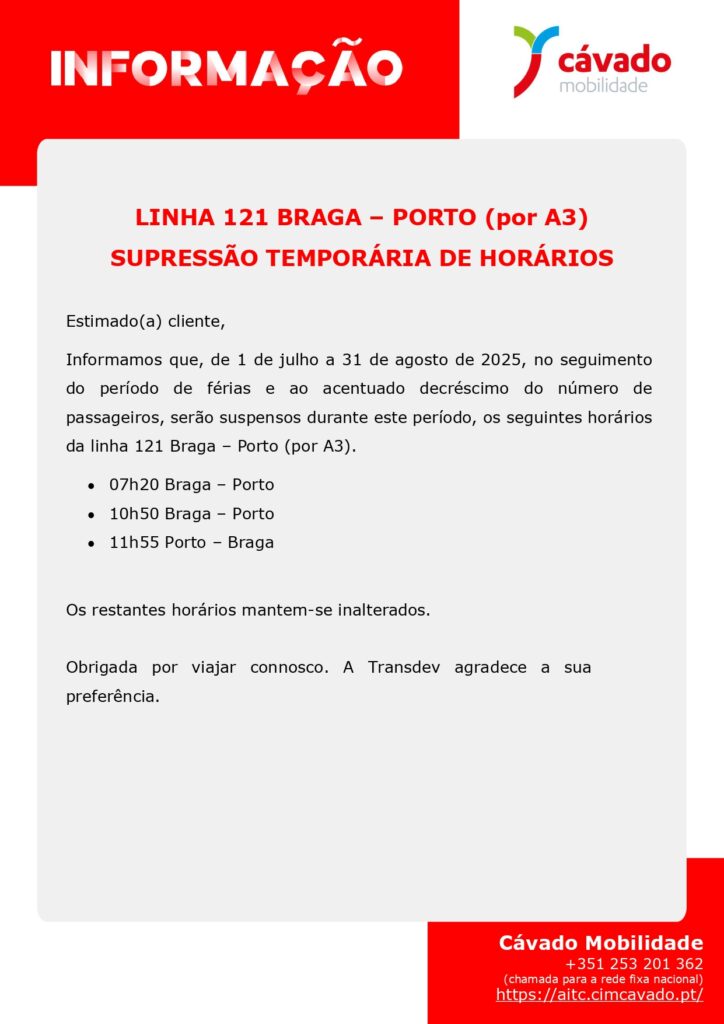 Cávado mobilidade suspende duas viagens braga-porto e uma porto-braga durante o verão 6 Cávado mobilidade suspende duas viagens braga-porto e uma porto-braga durante o verão