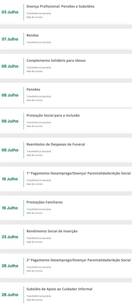 Segurança social. Pagamentos de subsídios e pensões em julho 6 Segurança social. Pagamentos de subsídios e pensões em julho