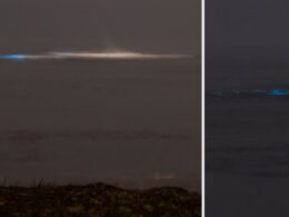 Mar de vila do conde com ondas azuis fluorescentes