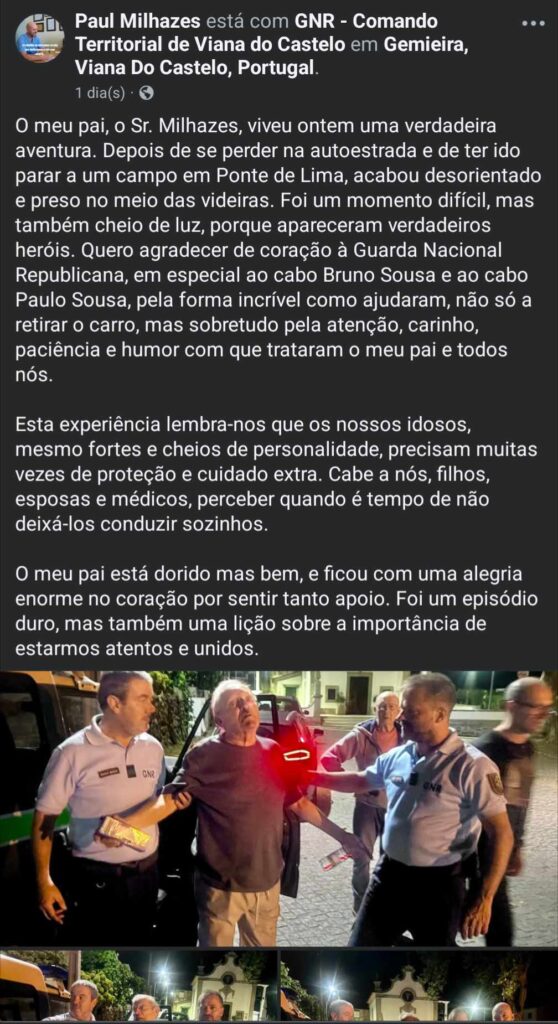 Ponte de lima: idoso desorientou-se na autoestrada e foi parar a um campo. Filho agradece ajuda "incrível" da gnr